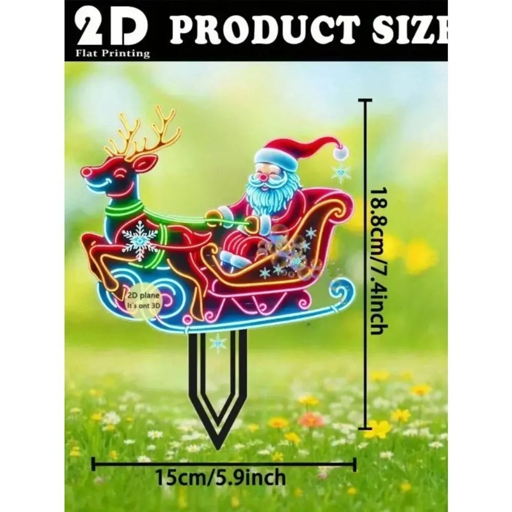 2D Festive Holiday Santa Claus with Sleigh and Reindeer Garden Outdoor Stake